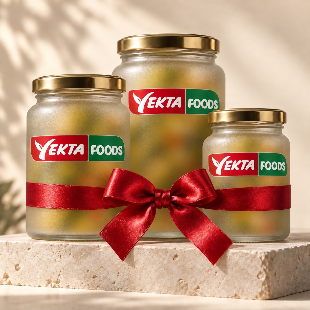 Three Yekta Foods pickle jars behind frosted glass, tied with a red ribbon