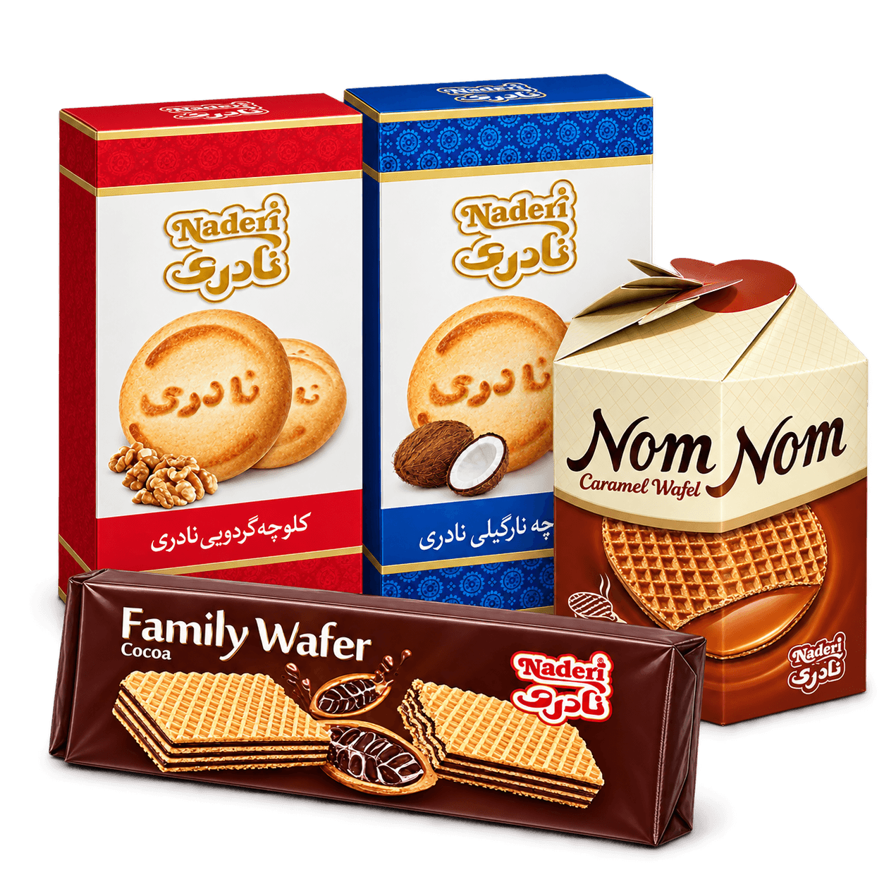 A selection of Naderi koloocheh, wafers and caramel wafel products