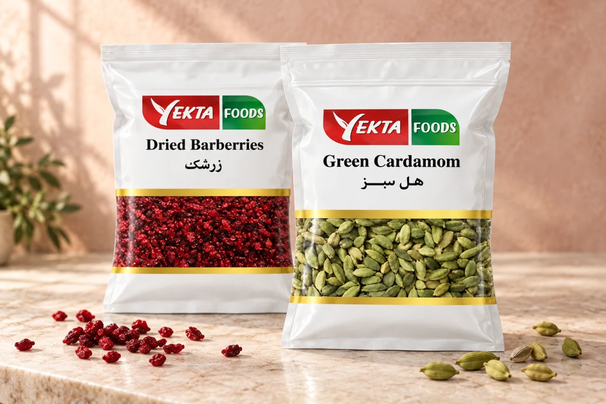 Yekta dried barberries and green cardamom in their branded packaging