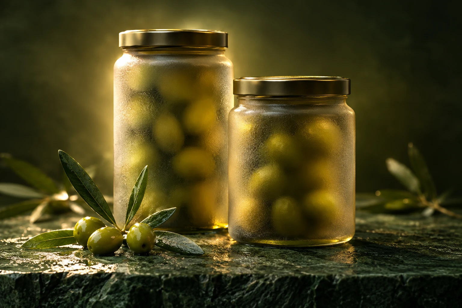 Two anonymous olive jars behind frosted glass in warm golden light