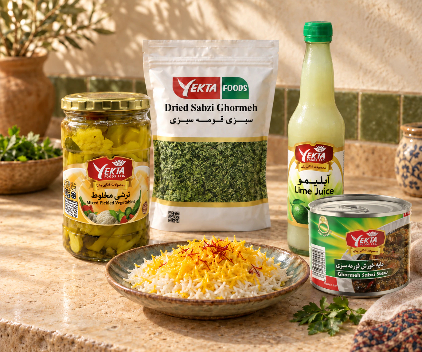 Yekta mixed pickles, dried sabzi ghormeh, lime juice and a ghormeh sabzi stew can with saffron rice in a sunlit kitchen